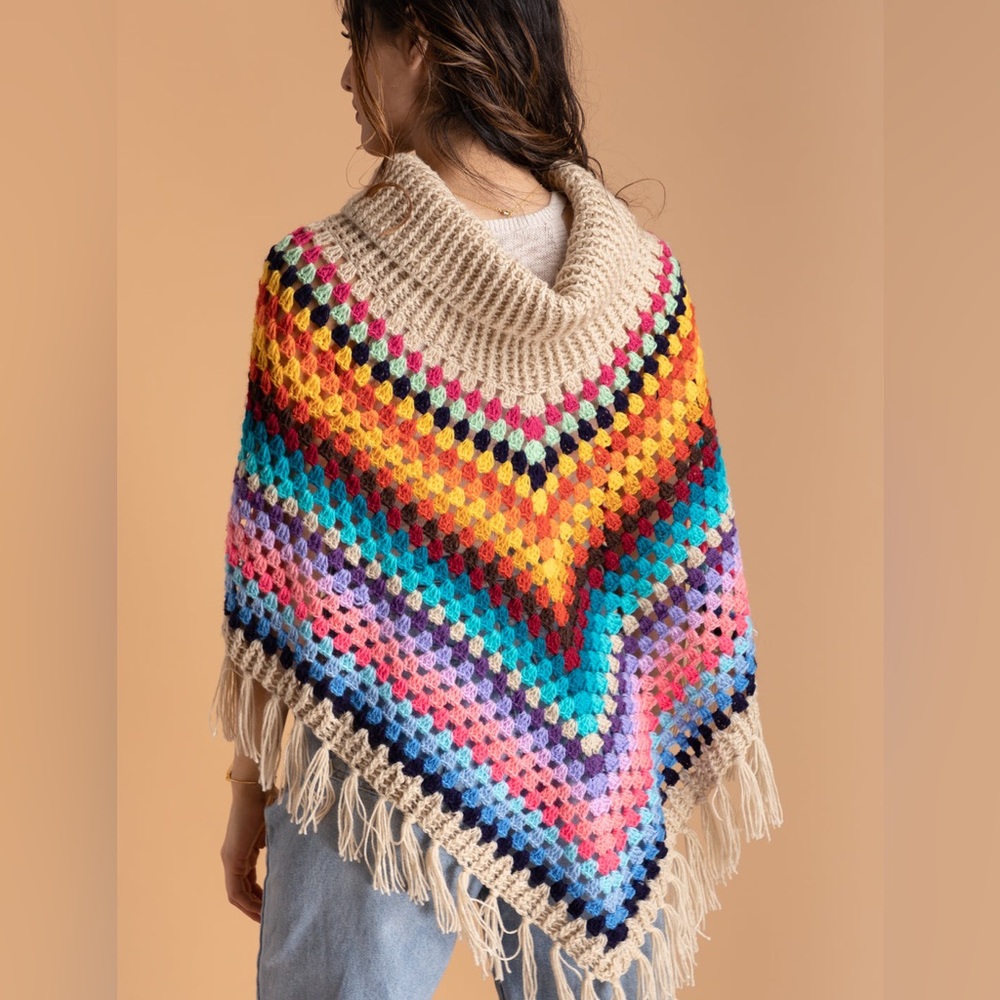 SAACHI Earth To Sky Rainbow Stripe Crochet Turtleneck Poncho | Fringe | One Size - Picture 4 of 7